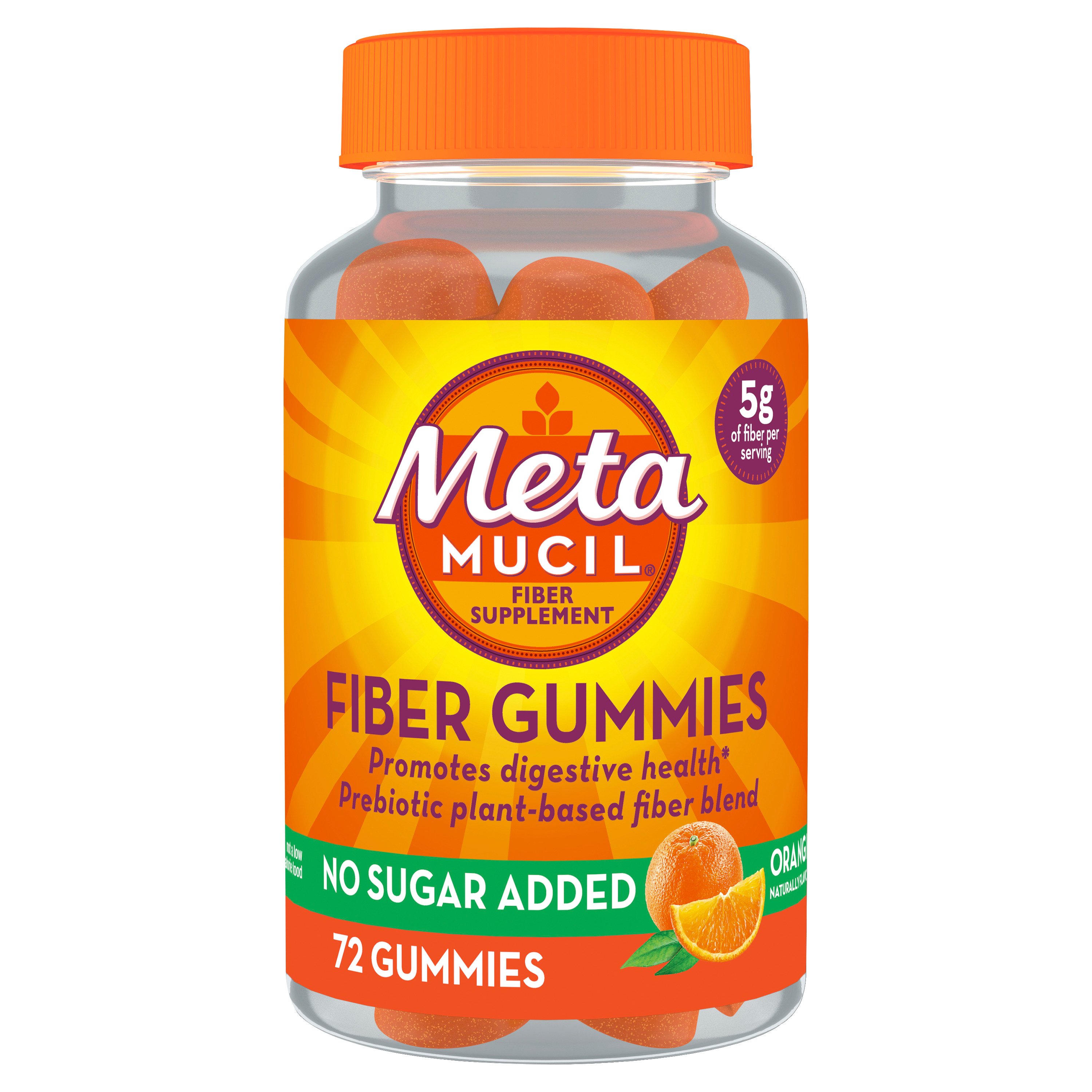 Metamucil Fiber Gummies, Plant-Based Prebiotic Fiber Supplement Blend, No Sugar Added, Orange Flavor, 72 ct