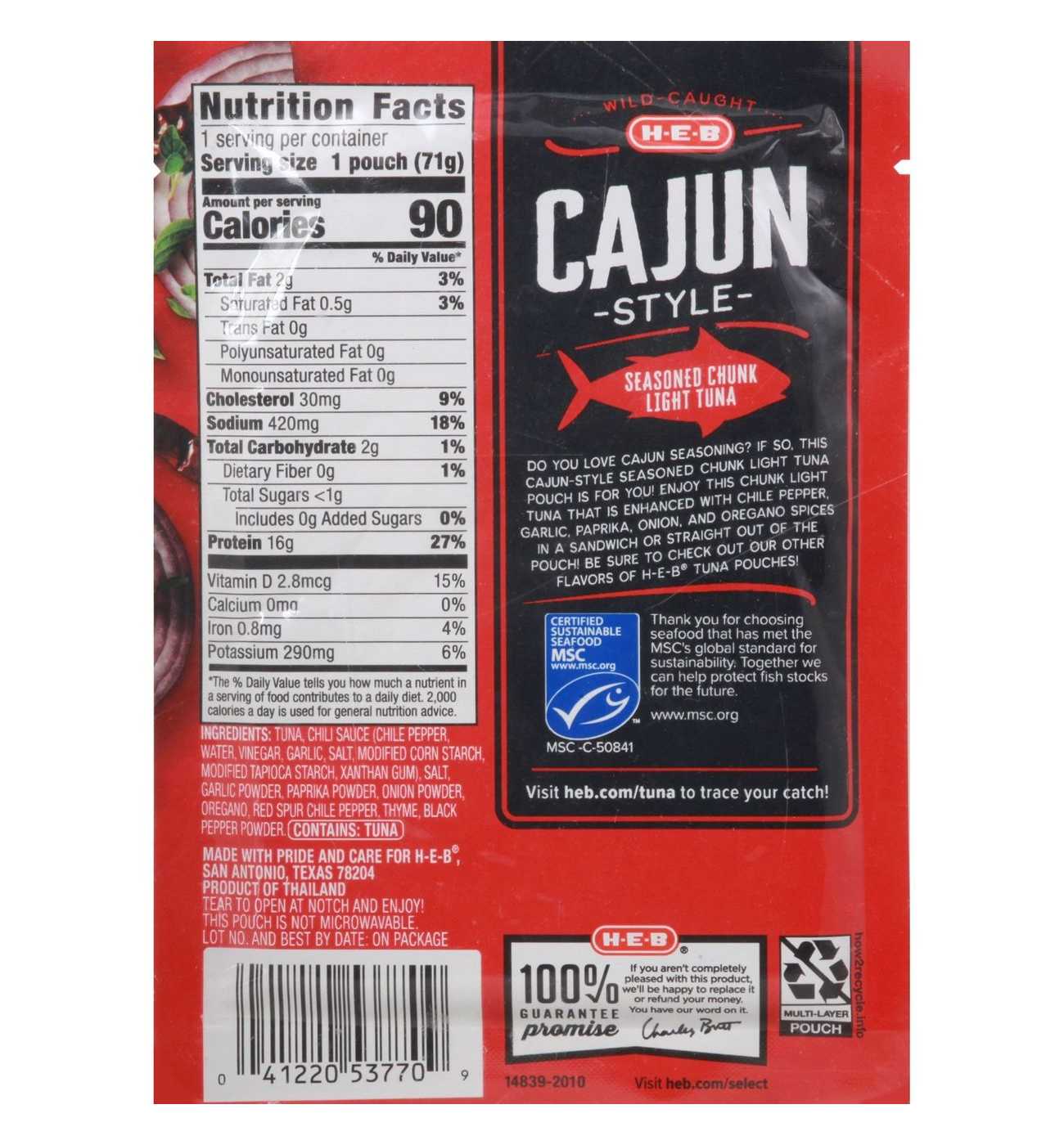 H-E-B Wild Caught Seasoned Chunk Light Tuna Pouch - Cajun-Style; image 2 of 4