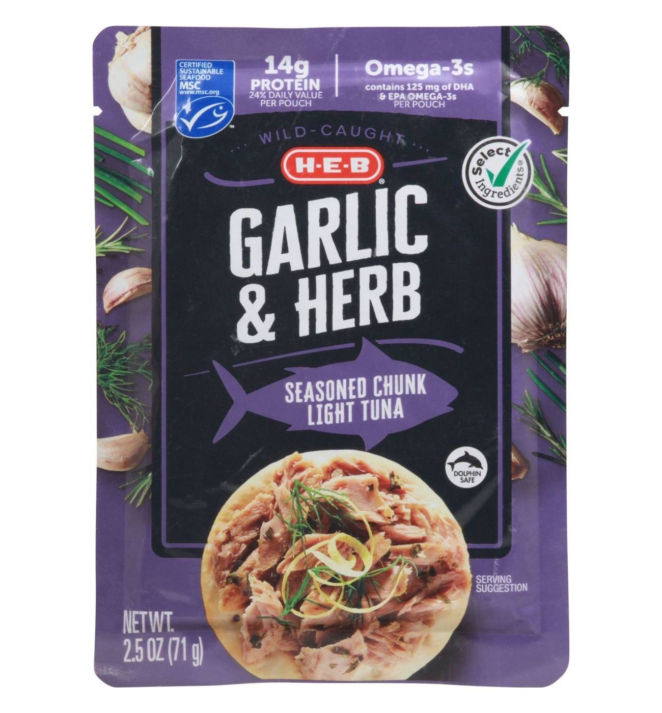 H-E-B Wild Caught Seasoned Chunk Light Tuna Pouch - Garlic & Herb; image 1 of 3