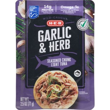 H-E-B Wild Caught Seasoned Chunk Light Tuna Pouch - Garlic & Herb, 2.5 oz