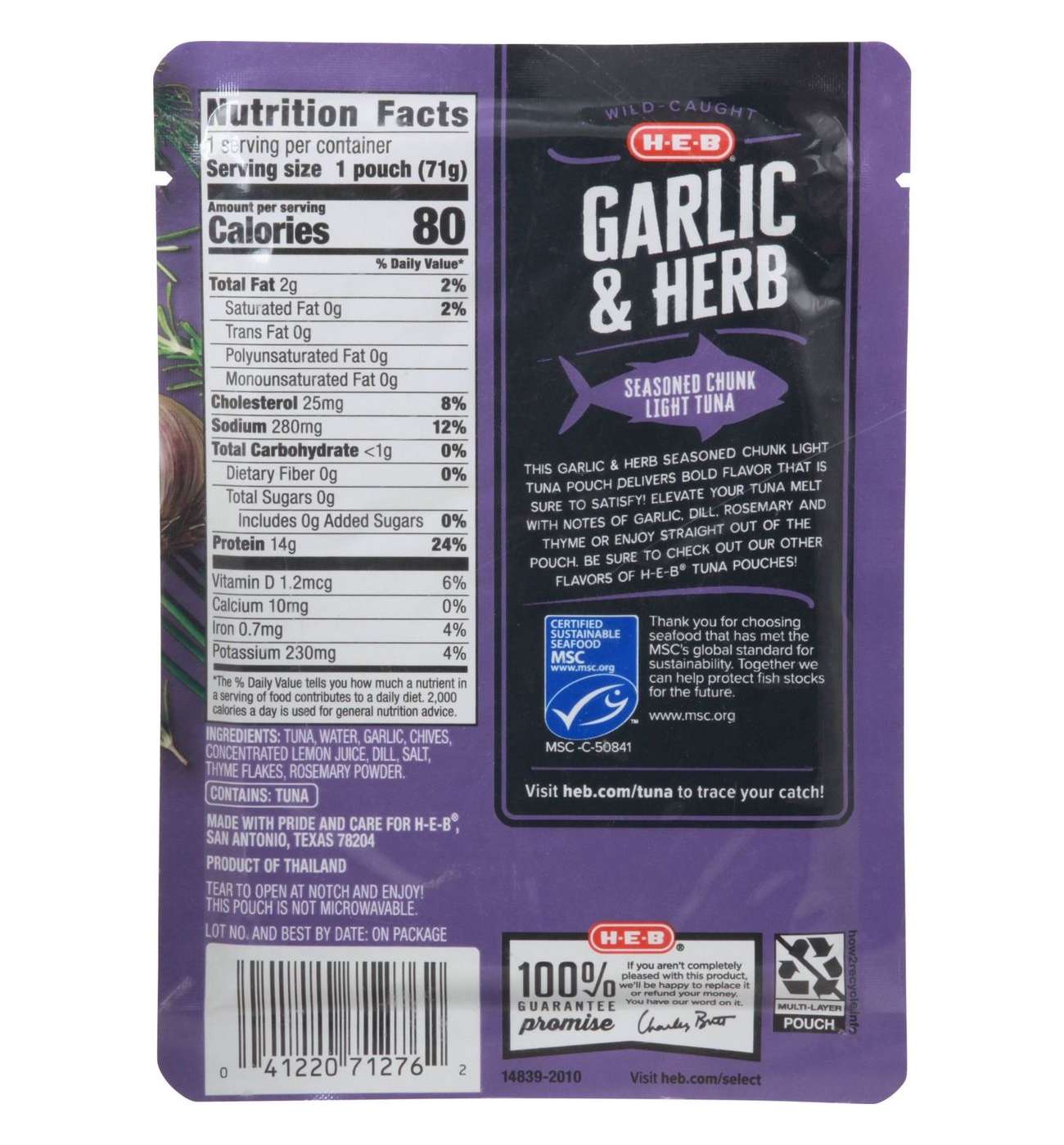 H-E-B Wild Caught Seasoned Chunk Light Tuna Pouch - Garlic & Herb; image 3 of 3