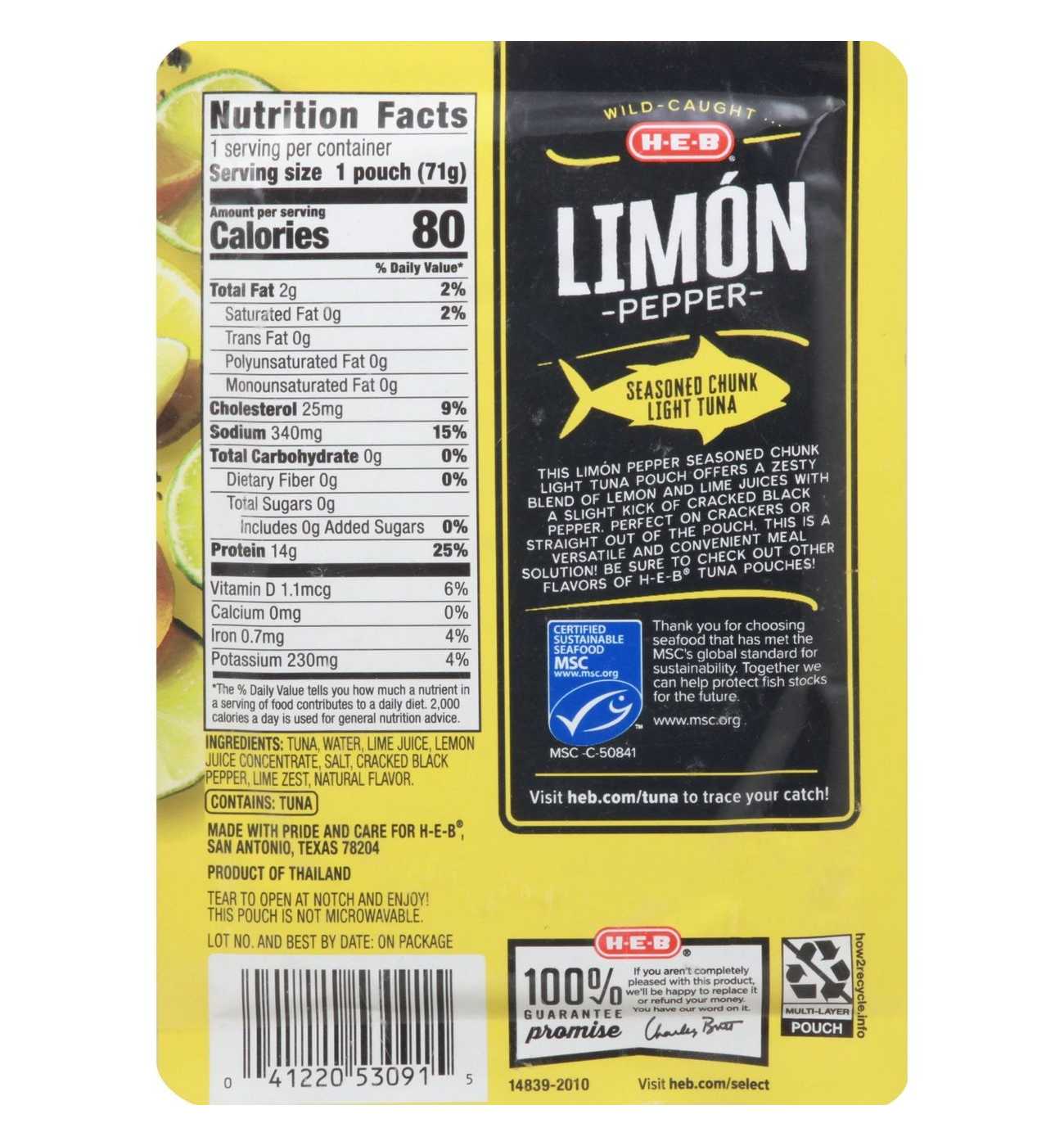 H-E-B Wild Caught Seasoned Chunk Light Tuna Pouch - Limón Pepper; image 4 of 4