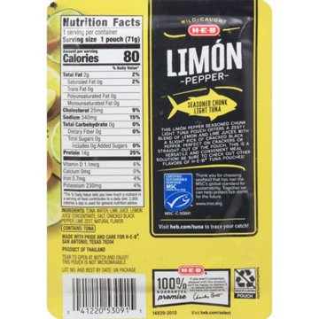 H-E-B Wild Caught Seasoned Chunk Light Tuna Pouch - Limón Pepper, 2.5 oz