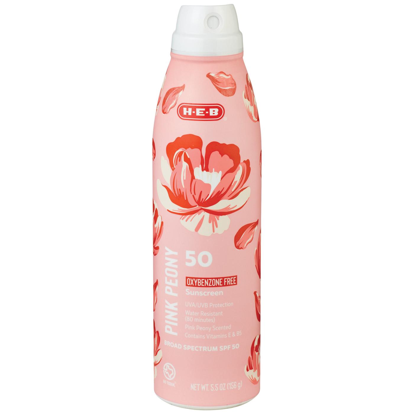 H-E-B Oxybenzone Free Pink Peony Sunscreen Spray – SPF 50; image 1 of 4