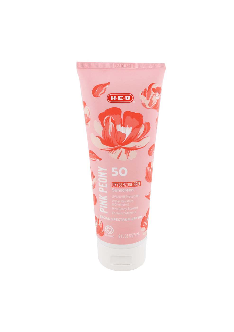 H-E-B Oxybenzone Free Pink Peony Sunscreen Lotion – SPF 50; image 1 of 3