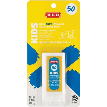 H-E-B Kids Blue Mineral Broad Spectrum Sunscreen Stick – SPF 50, 0.47 oz