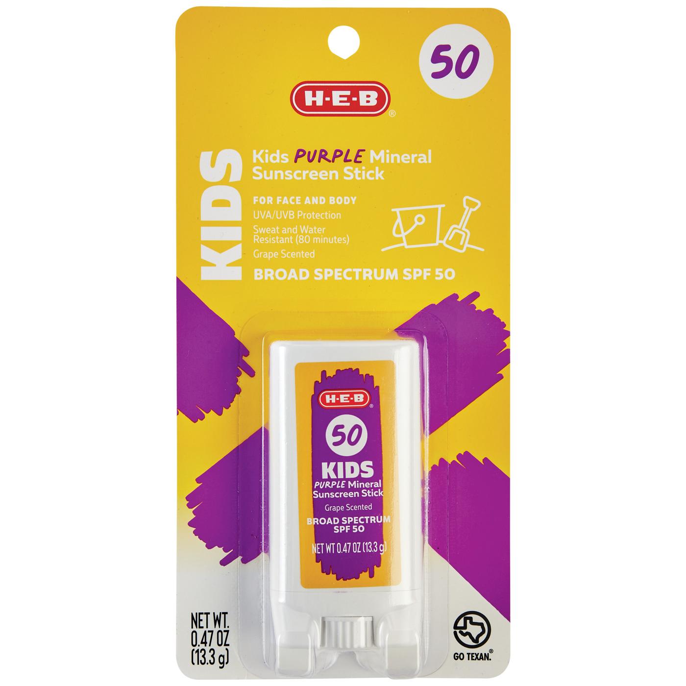 H-E-B Kids Purple Mineral Broad Spectrum Sunscreen Stick – SPF 50; image 1 of 4