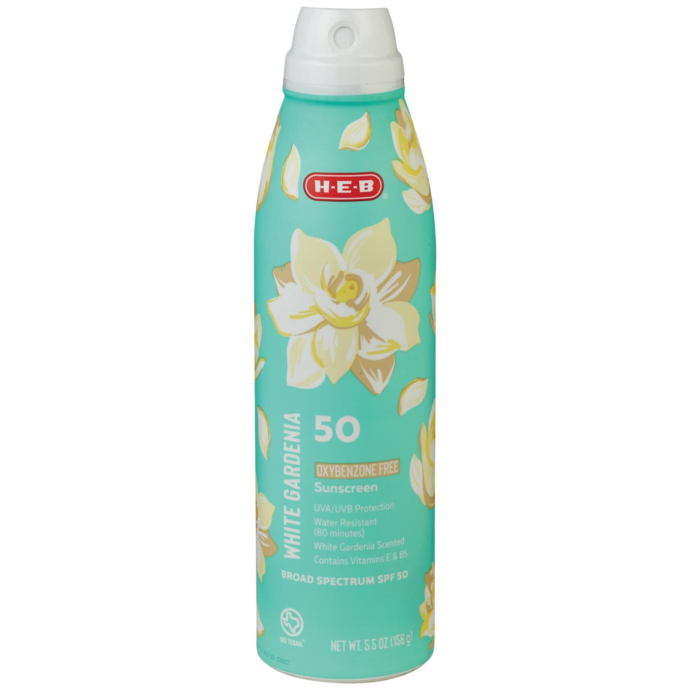 H-E-B Oxybenzone Free White Gardenia Sunscreen Spray – SPF 50; image 1 of 3