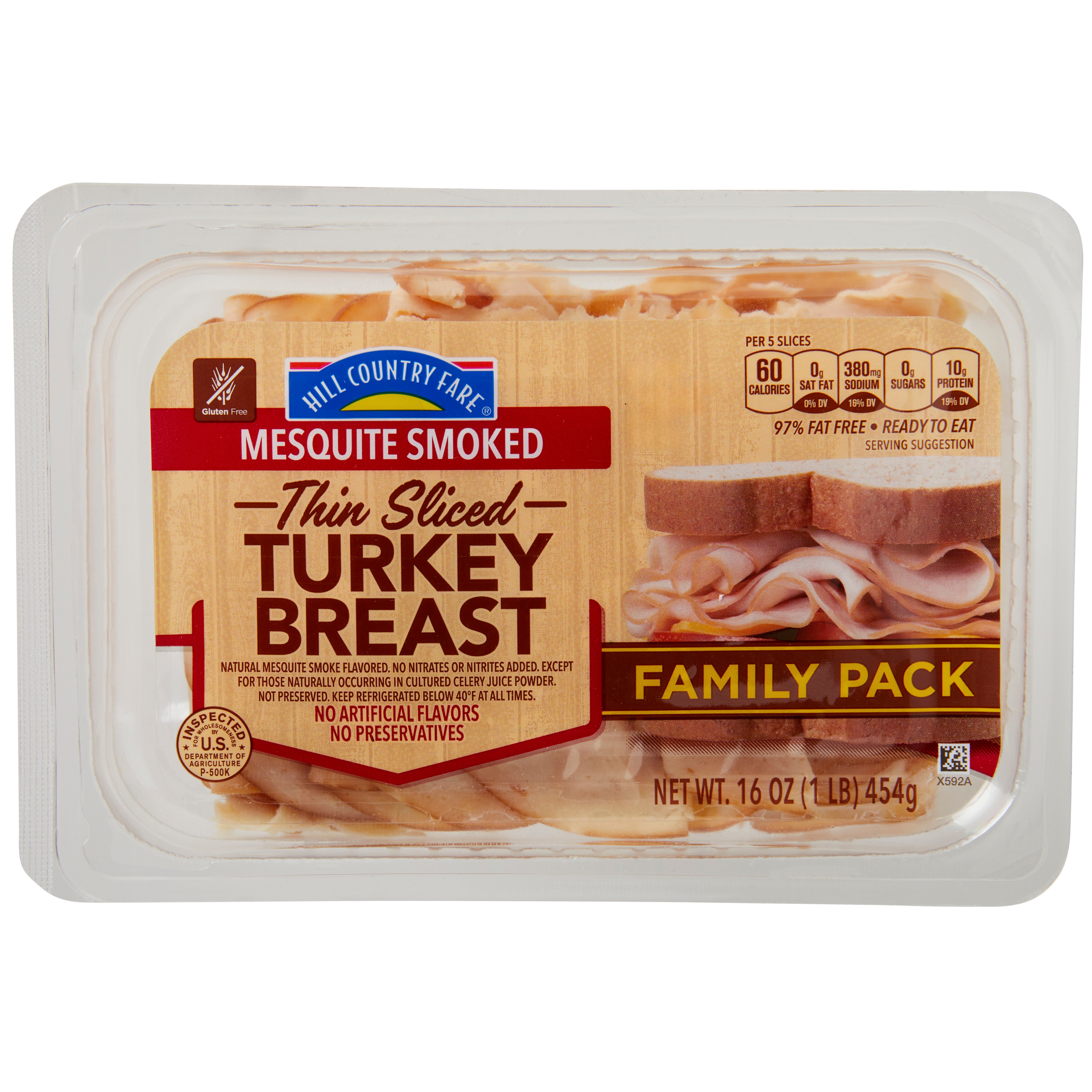 Hill Country Fare Thin Sliced Mesquite-Smoked Turkey Breast Lunch Meat - Family Pack, 16 oz