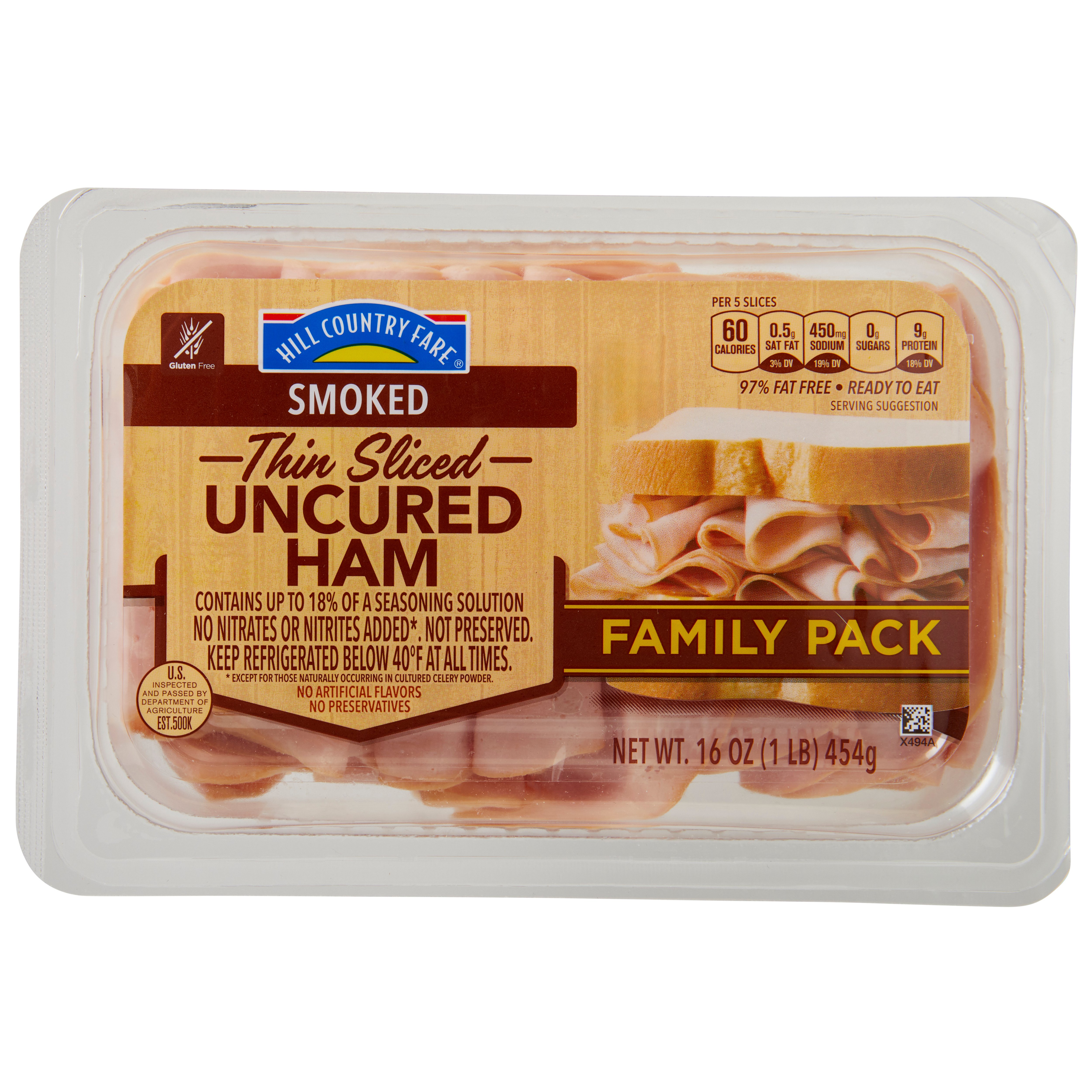 Hill Country Fare Thin-Sliced Smoked Uncured Ham Lunch Meat - Family Pack, 16 oz