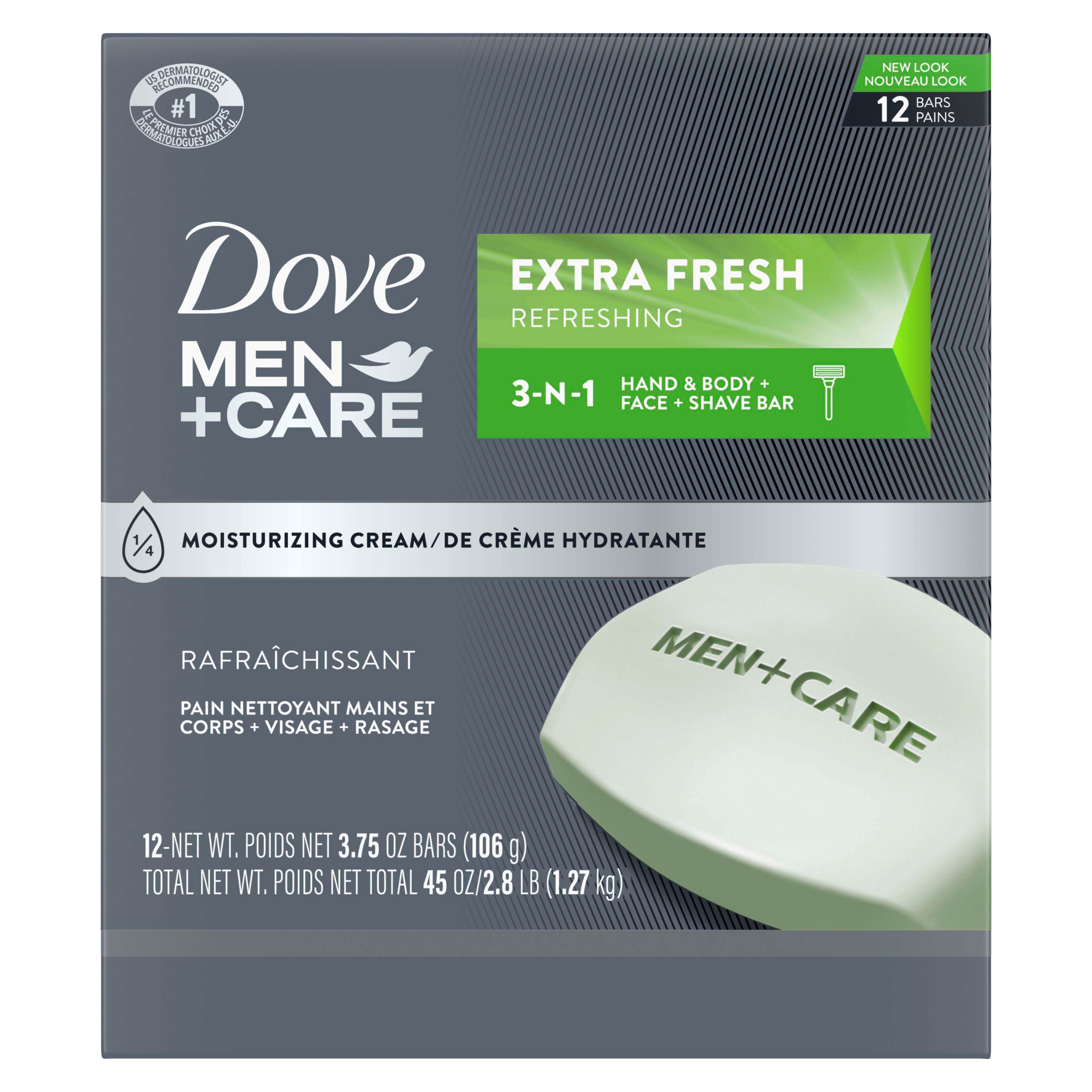 Dove Men+Care 3 in 1 Bar Cleanser for Body, Face, and Shaving Extra Fresh  Body and Facial Cleanser More Moisturizing Than Bar Soap to Clean and  Hydrate Skin 3.75 Ounce (Pack of