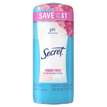 Secret 24 Hr Invisible Solid Antiperspirant Deodorant - Powder Fresh, 2 pk