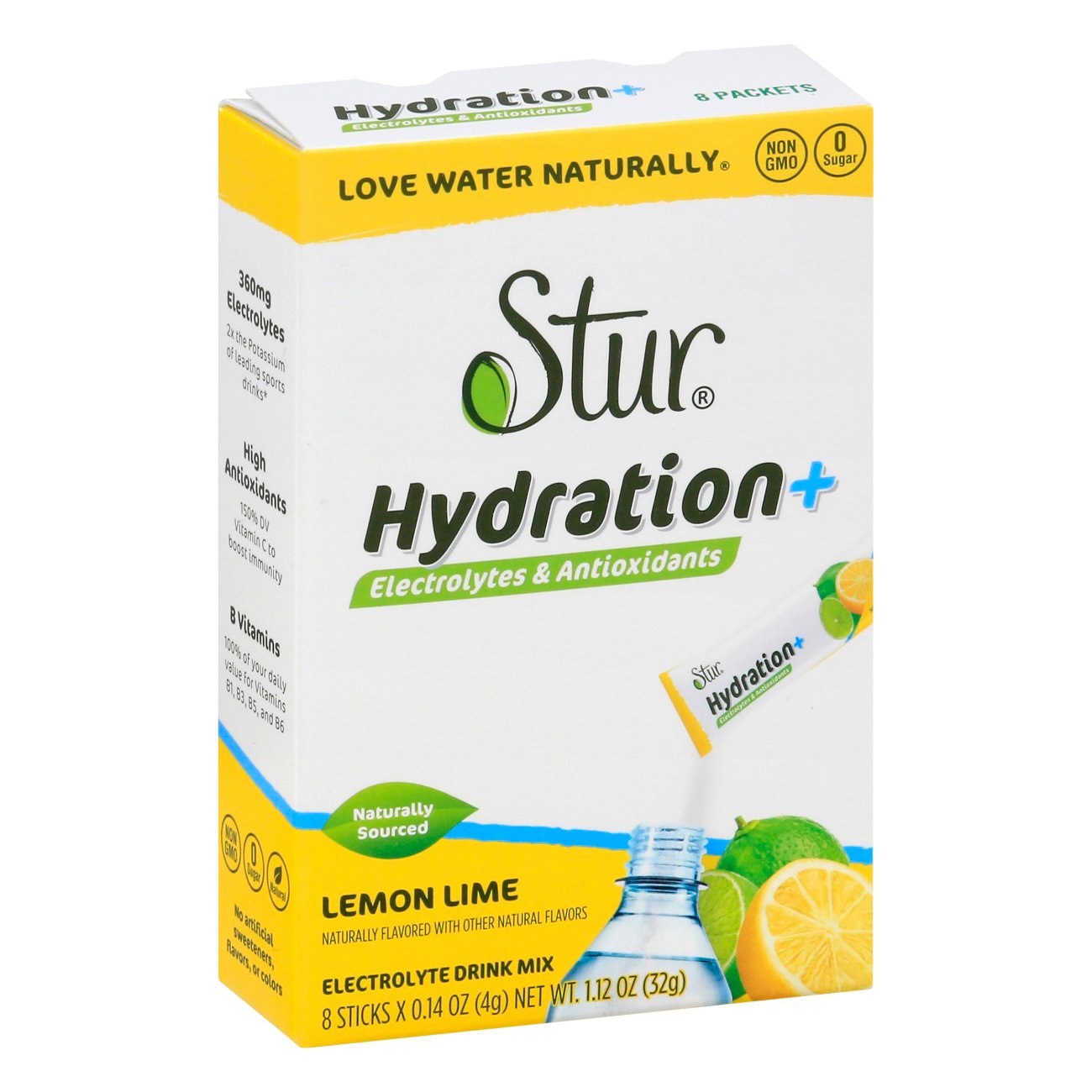 Stur Electrolyte Drink Mix, Lemon Lime, Hydration + - 8 - 0.14 (4 g) sticks [1.12 oz (32 g)]