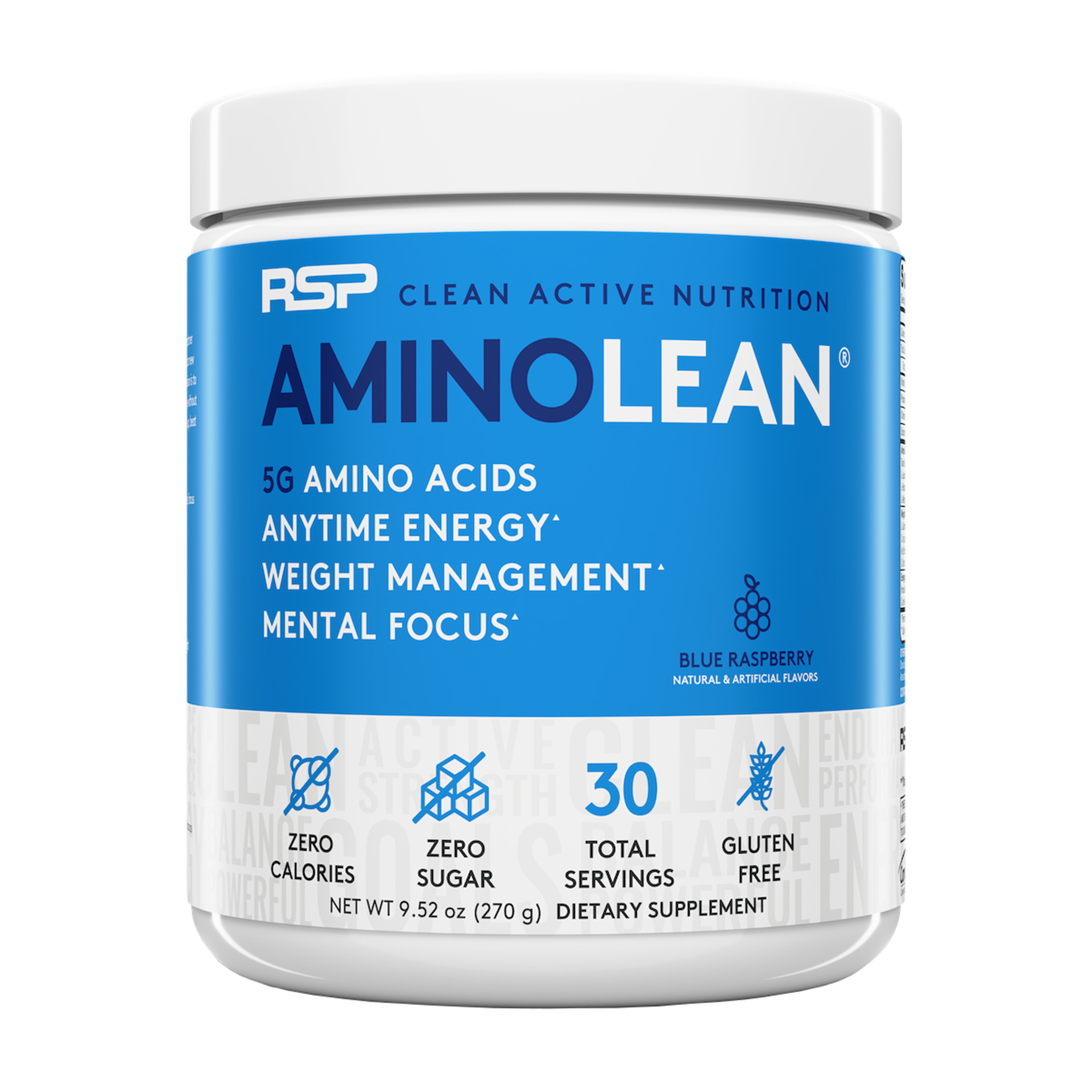 RSP AminoLean Pre Workout Energy & Weight Loss Blue Raspberry, 30 Servings, 9.52 oz