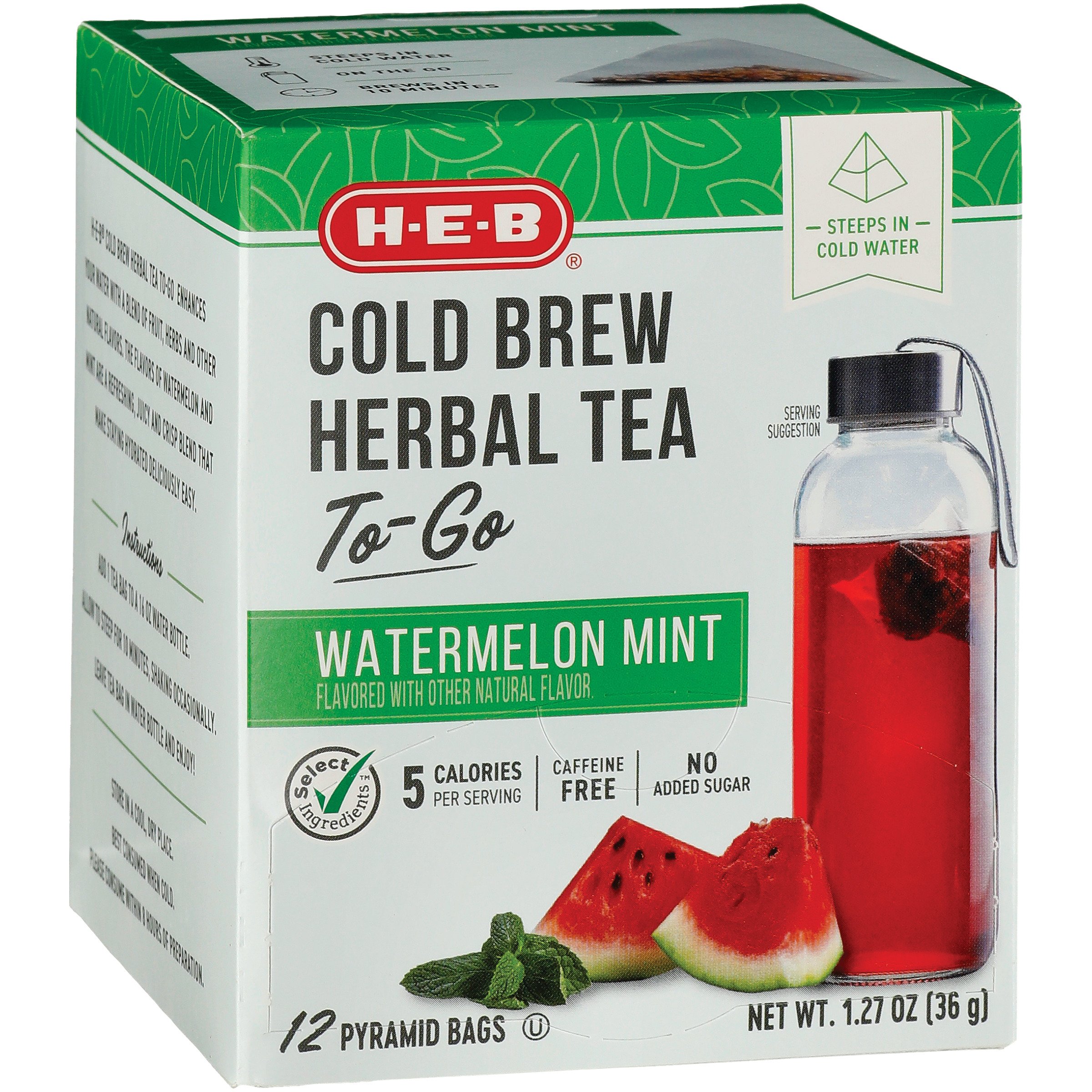 H-E-B Cold Brew Herbal Tea to Go - Watermelon Mint, 12 ct