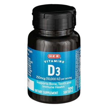 H-E-B Vitamins D3 250 mcg (10,000 IU) Softgels, 100 ct