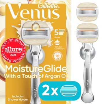 Venus MoistureGlide Women's Reusable Razor Handle + 2 Blade Refills + Shower Holder