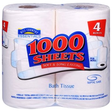 Hill Country Essentials 1000 Sheets Soft Toilet Paper, 4 Rolls