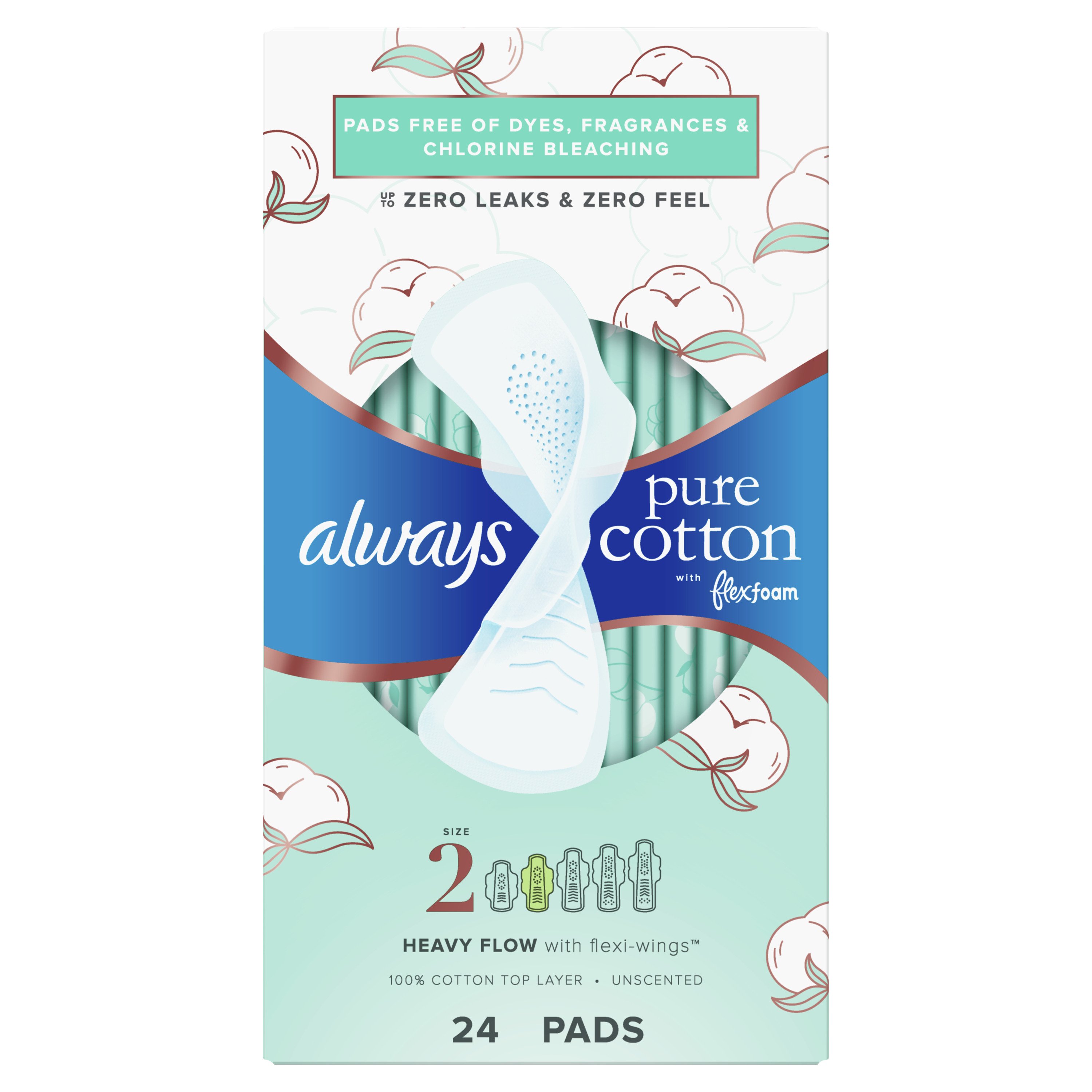 Always Pure Cotton with FlexFoam Pads Size 2 Heavy Flow with Wings