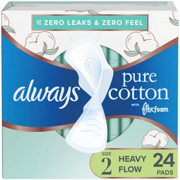 Always Pure Cotton Pads,Heavy Flow Absorbency with Wings Size 2, 24 ct