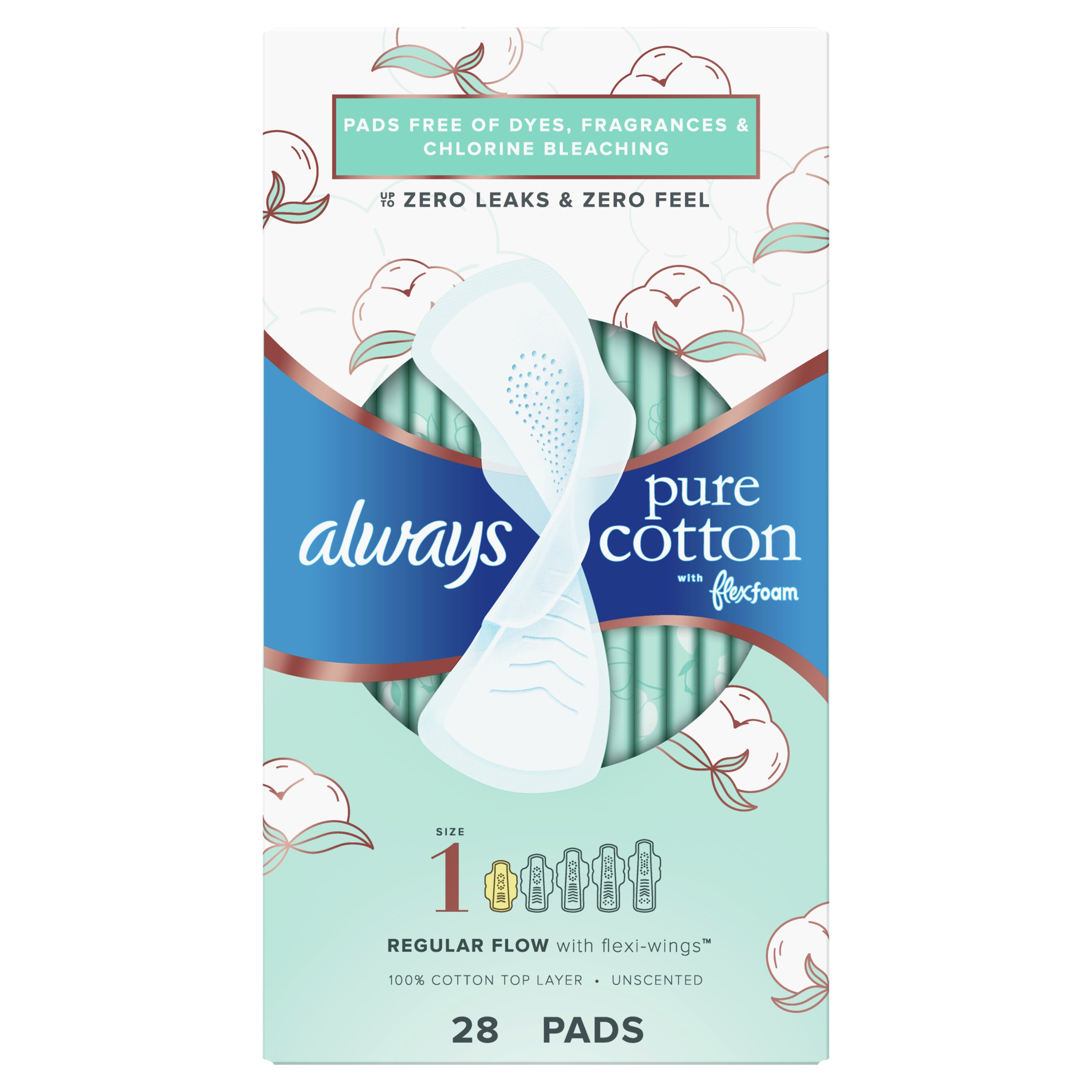 Always Pure Cotton with FlexFoam Pads, Regular Absorbency, with Wings Size 1