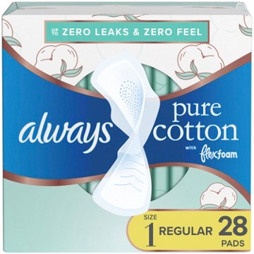 Always Pure Cotton with FlexFoam Pads, Regular Absorbency, with Wings Size 1, 28 ct