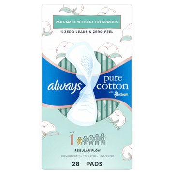 Always Pure Cotton with FlexFoam Pads, Regular Absorbency, with Wings Size 1, 28 ct