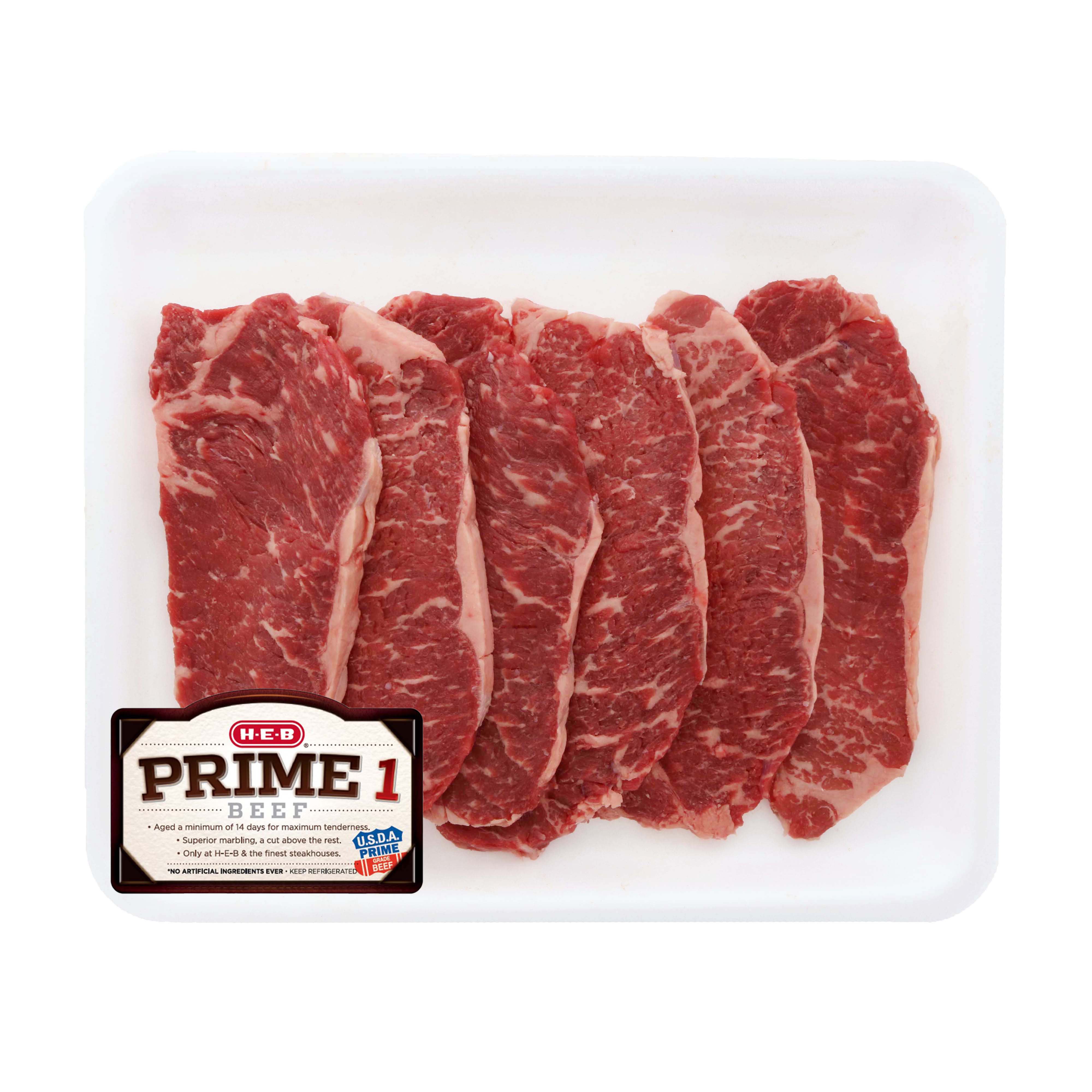 HEB Prime 1 Beef New York Strip Steak Boneless Thin Value Pack, USDA