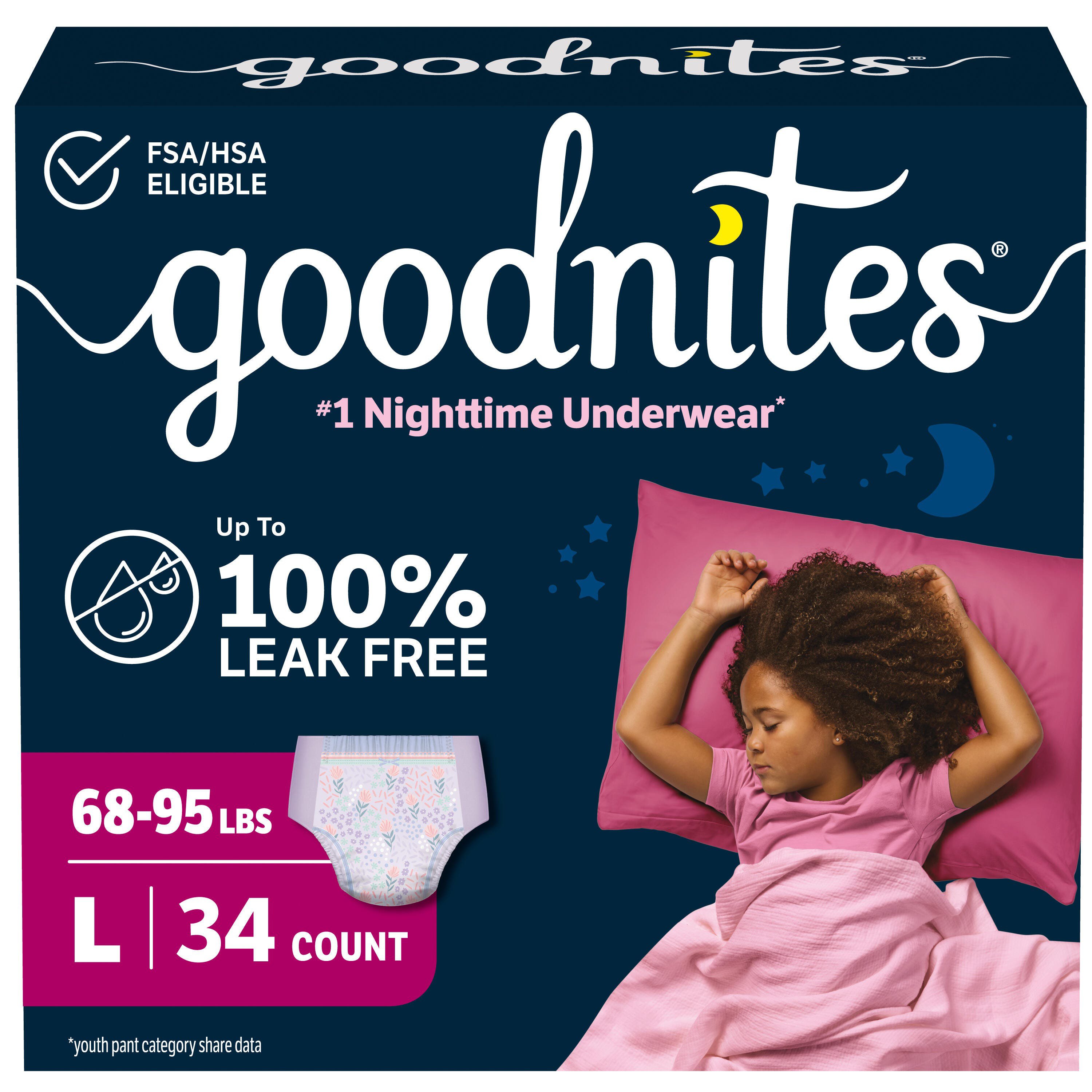 Goodnites Girls' Nighttime Bedwetting Underwear, Size Large (68-95