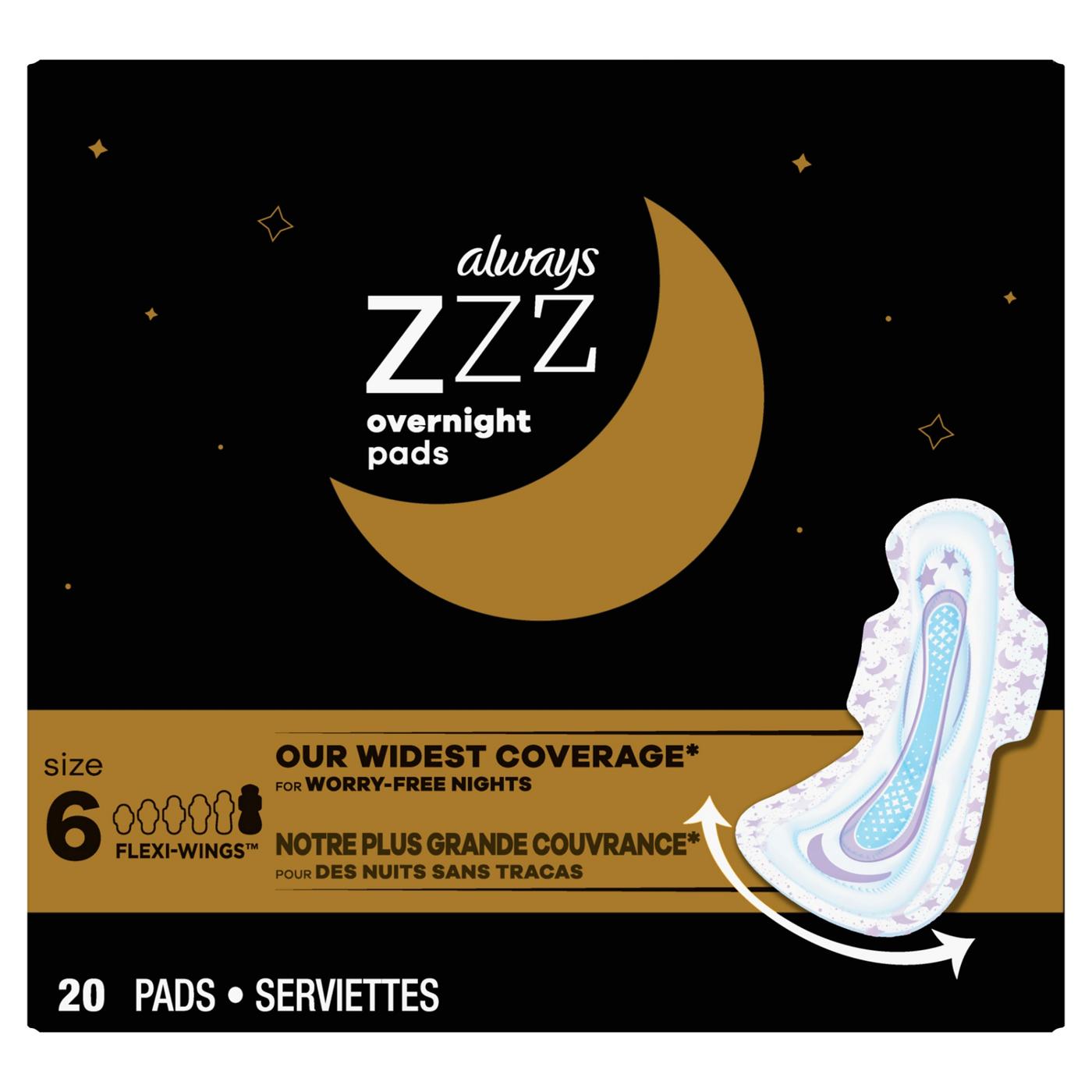 Always ZZZ Overnight Pads Size 6 Unscented with Wings; image 1 of 4