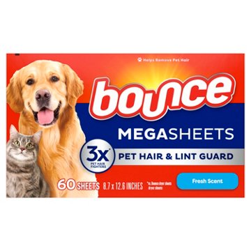 Bounce Pet Hair & Lint Guard Mega Dryer Sheets with 3X Pet Hair Fighters, Fresh Scent, 60 ct