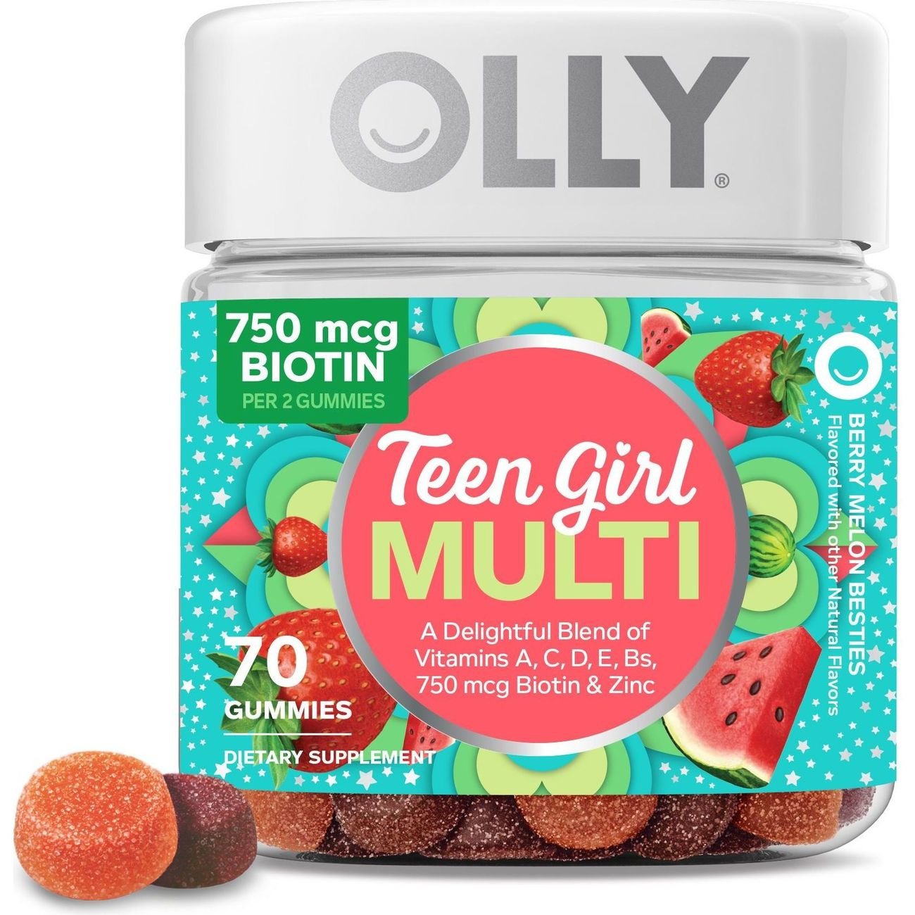 OLLY Teen Girl Multivitamin, Zinc & 750 mcg Biotin Gummies - Berry Melon, 70 ct