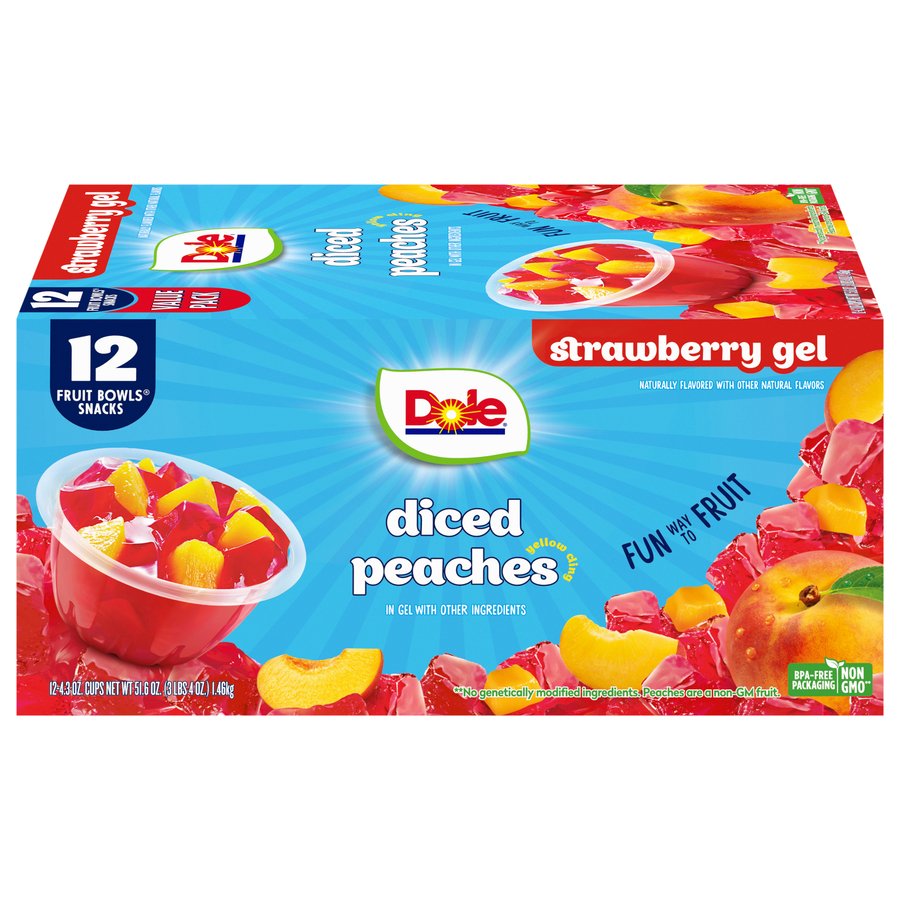 Dole Fruit Bowls Diced Peaches in Strawberry Gel, 4.3 oz Cups (12 Pack)