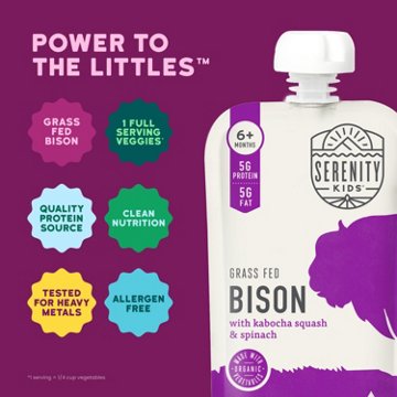 Serenity Kids Organic Pouch - Grass Fed Bison Kabocha Squash & Spinach, 3.5 oz
