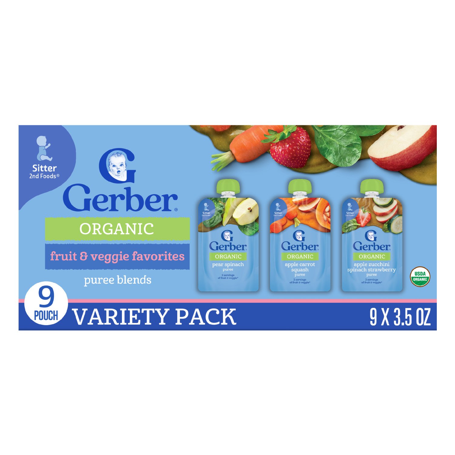 Gerber Organic for Baby Pouches Variety Pack - Fruit & Veggie Favorites, 9 ct