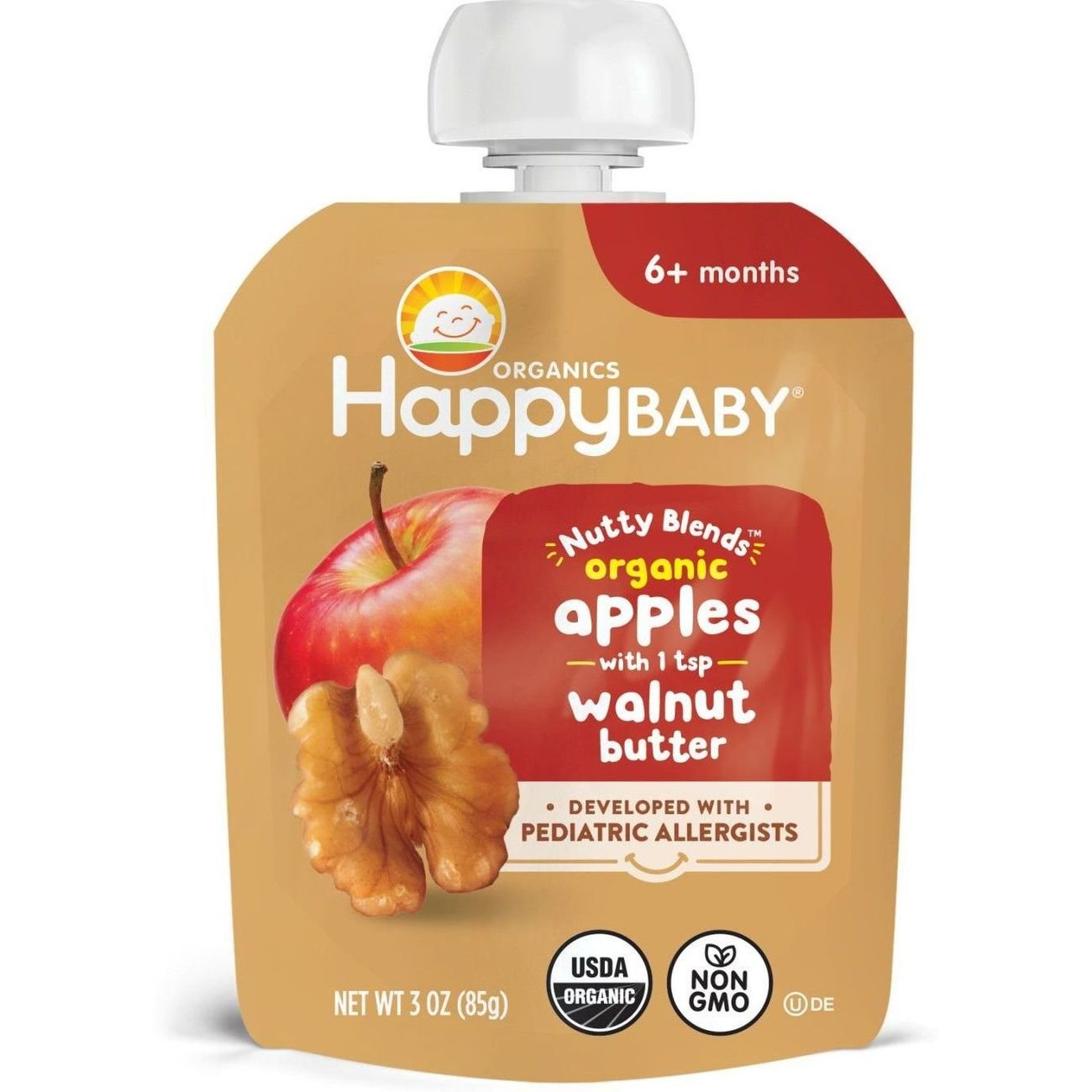 Happy Baby Nutty Blends Stage 2 Organic Apples & Walnut Butter Baby Food Pouch, 3 oz