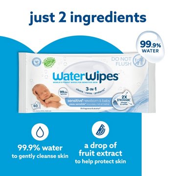 WaterWipes Sensitive+ Newborn & Baby Wipes, 99.9% Water - Unscented, 9 pk, 540 ct