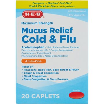 H-E-B Max Strength Mucus Relief Cold & Flu All-in-One Caplets, 20 ct