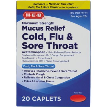 H-E-B Maximum Strength Mucus Relief Cold, Flu & Sore Throat Caplets, 20 ct