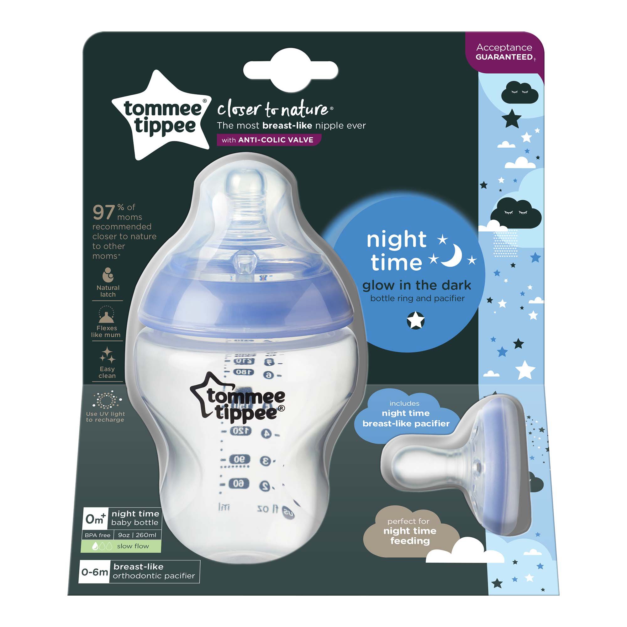 Tommee Tippee Closer To Nature Night Time Glow In The Dark 9 oz Bottle Ring and Pacifier 0M