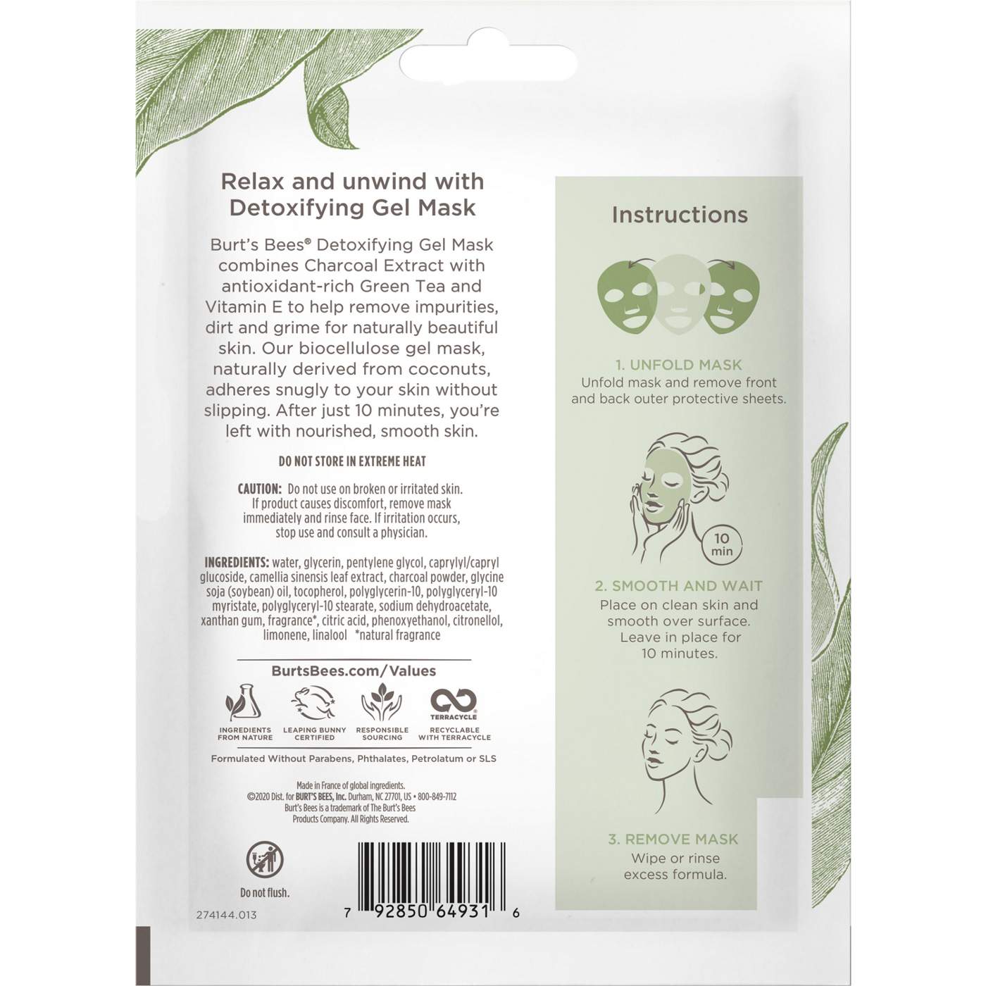 Burt's Bees Detoxifying Biocellulose Gel Mask - Charcoal & Green Tea; image 2 of 5