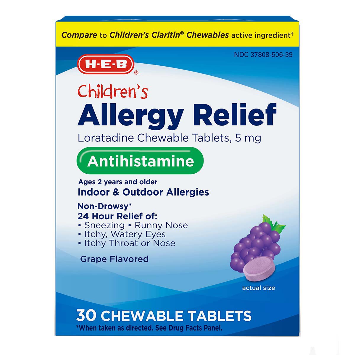 HEB Children's Allergy Relief Loratadine Chewable 5 mg Grape Tablets