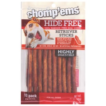 Ruffin' It Chomp'ems Hide Free Peanut Butter & Chicken Dog Retriever Sticks, 10 ct