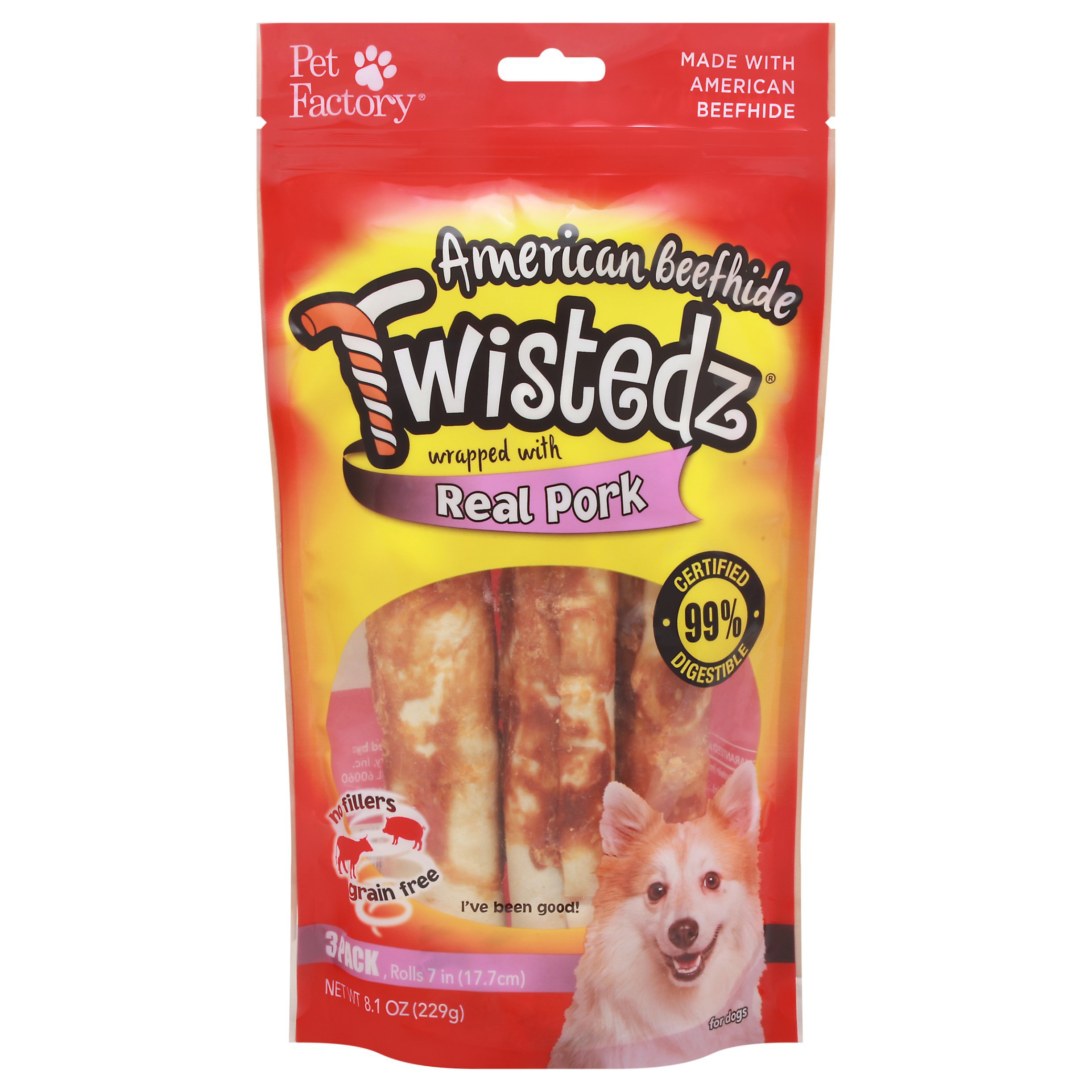Pet Factory American Beefhide Twistedz Wrapped with Real Pork Dog