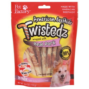 Pet Factory American Beefhide Twistedz Wrapped with Real Pork Dog Treats, 20 ct