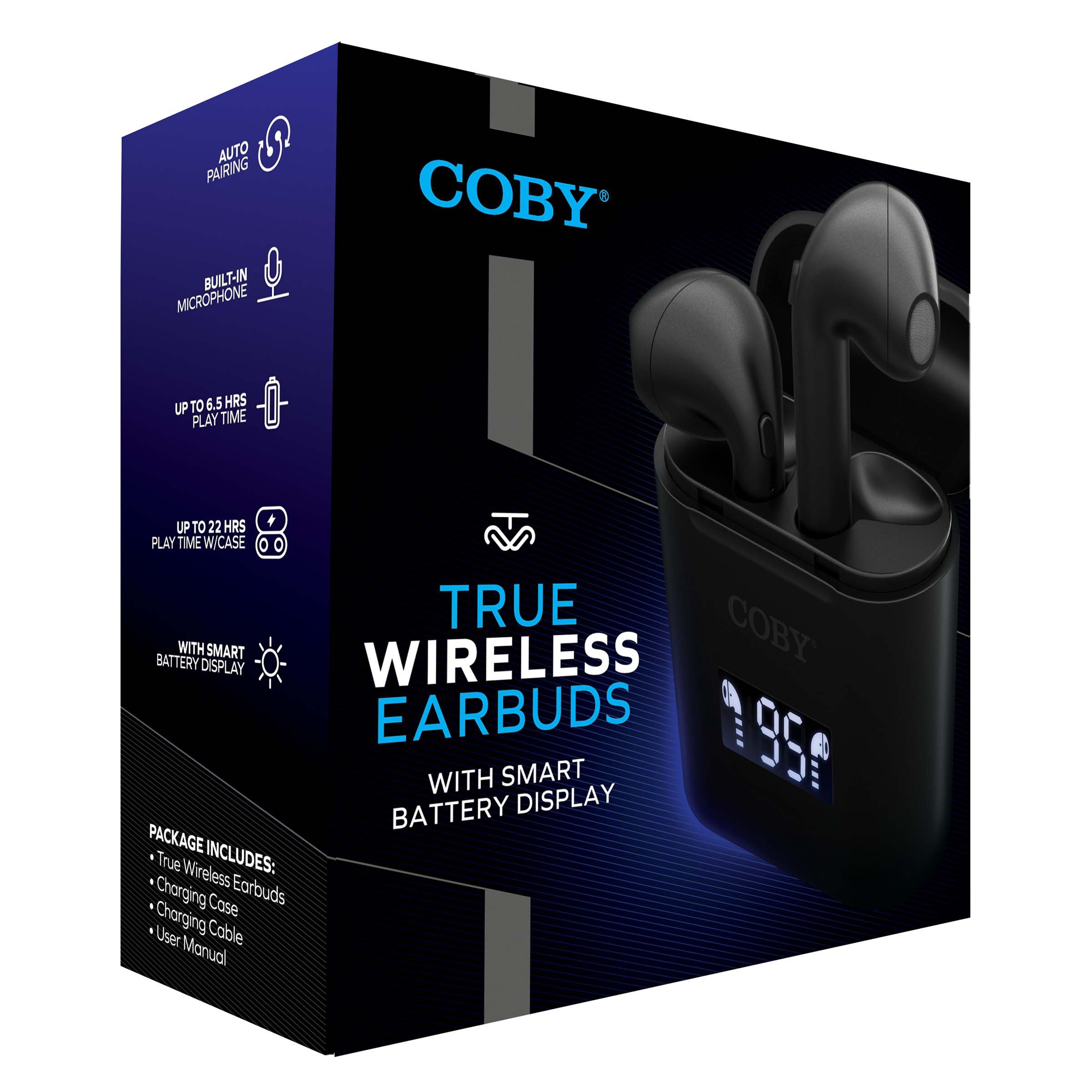 Coby Black True Wireless Earbuds with Smart Battery Display