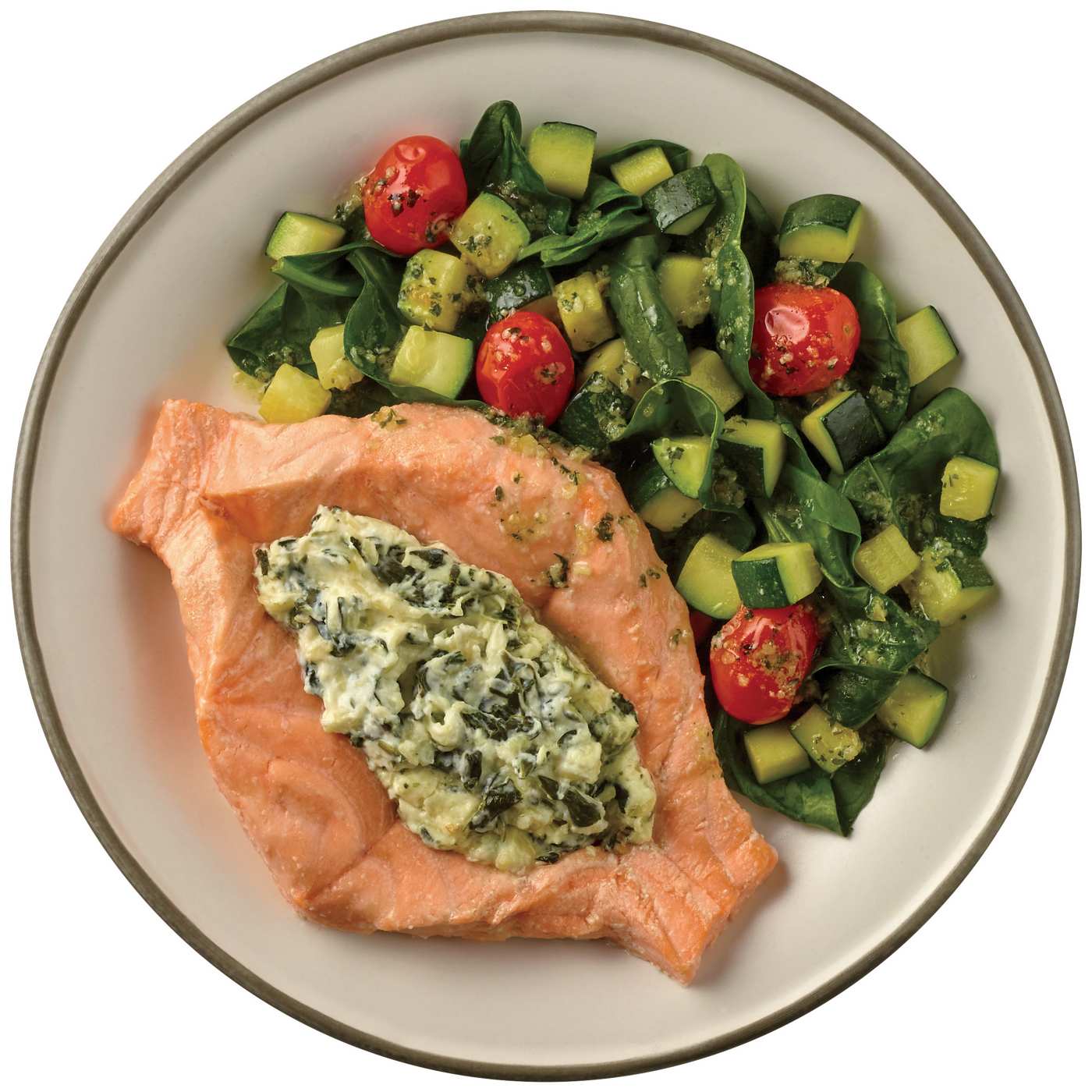 Meal Simple by H-E-B Spinach & Parmesan-Stuffed Salmon, Zucchini, Spinach & Tomatoes; image 3 of 3
