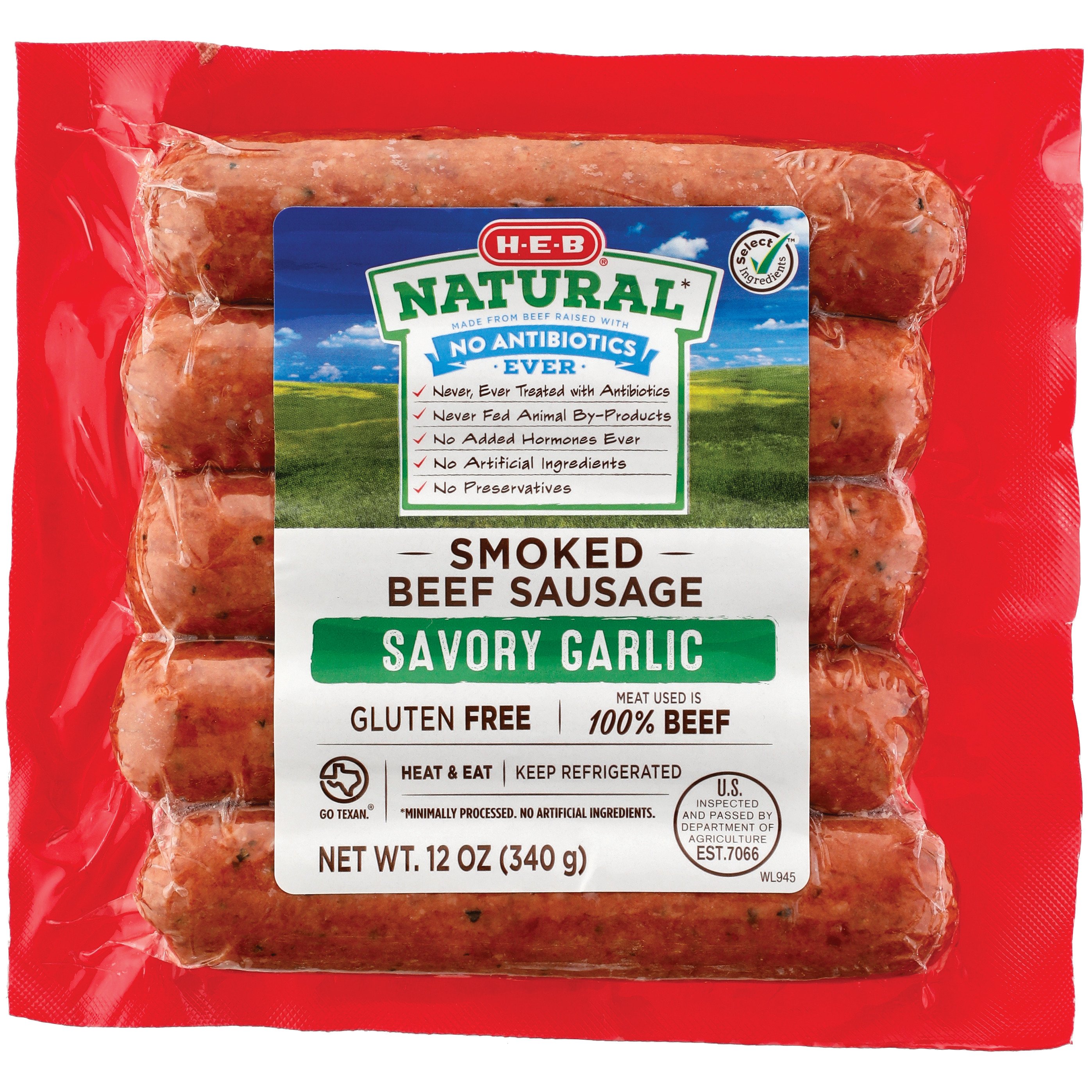 H-E-B Natural Smoked Beef Sausage Links - Savory Garlic, 5 ct