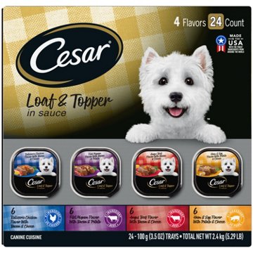 Cesar Wet Dog Food Loaf in Sauce Easy Peel Trays - Rotisserie Chicken Filet Mignon Angus Beef and Ham & Egg Flavors