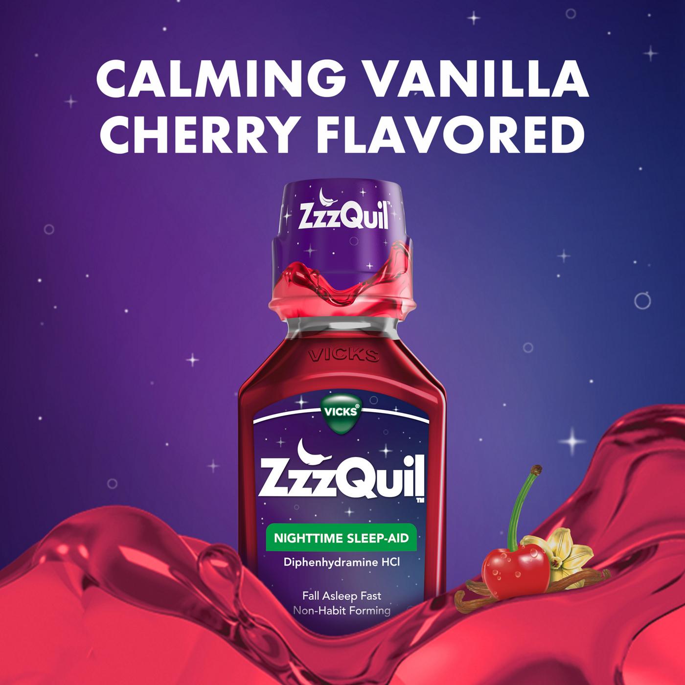 Vicks ZzzQuil Nighttime Sleep Aid Liquid, Calming Vanilla Cherry Flavor; image 5 of 10
